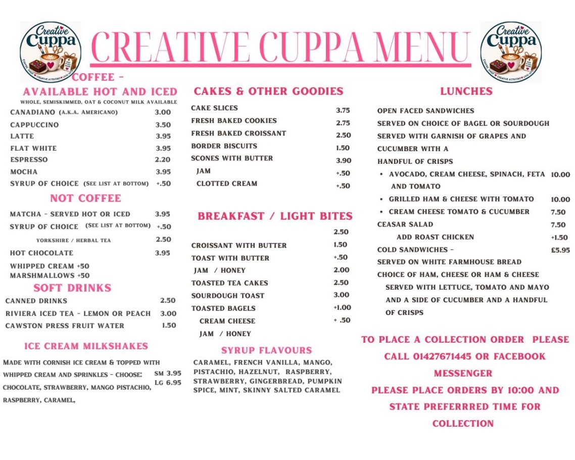 Menu includes: Coffee and hot drinks, light bites like Tea Cakes, soft drinks, milkshakes, open faced sandwiches, kids meal deal and cakes.