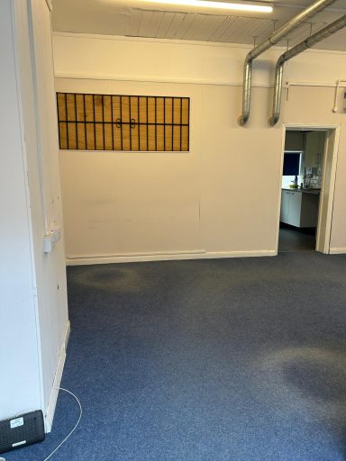 Before: Back wall Before: Room with blue carpet, off white walls, blocked-off hatch with metal grate on back wall and two pipes running across the ceiling.